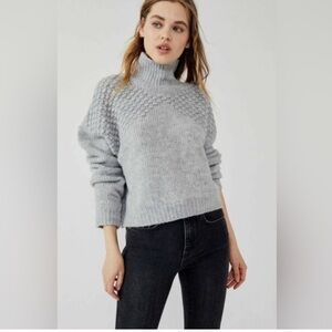 Free People Bradley Pullover Gray Heather Turtleneck Sweater Bobble Shoulder NWT